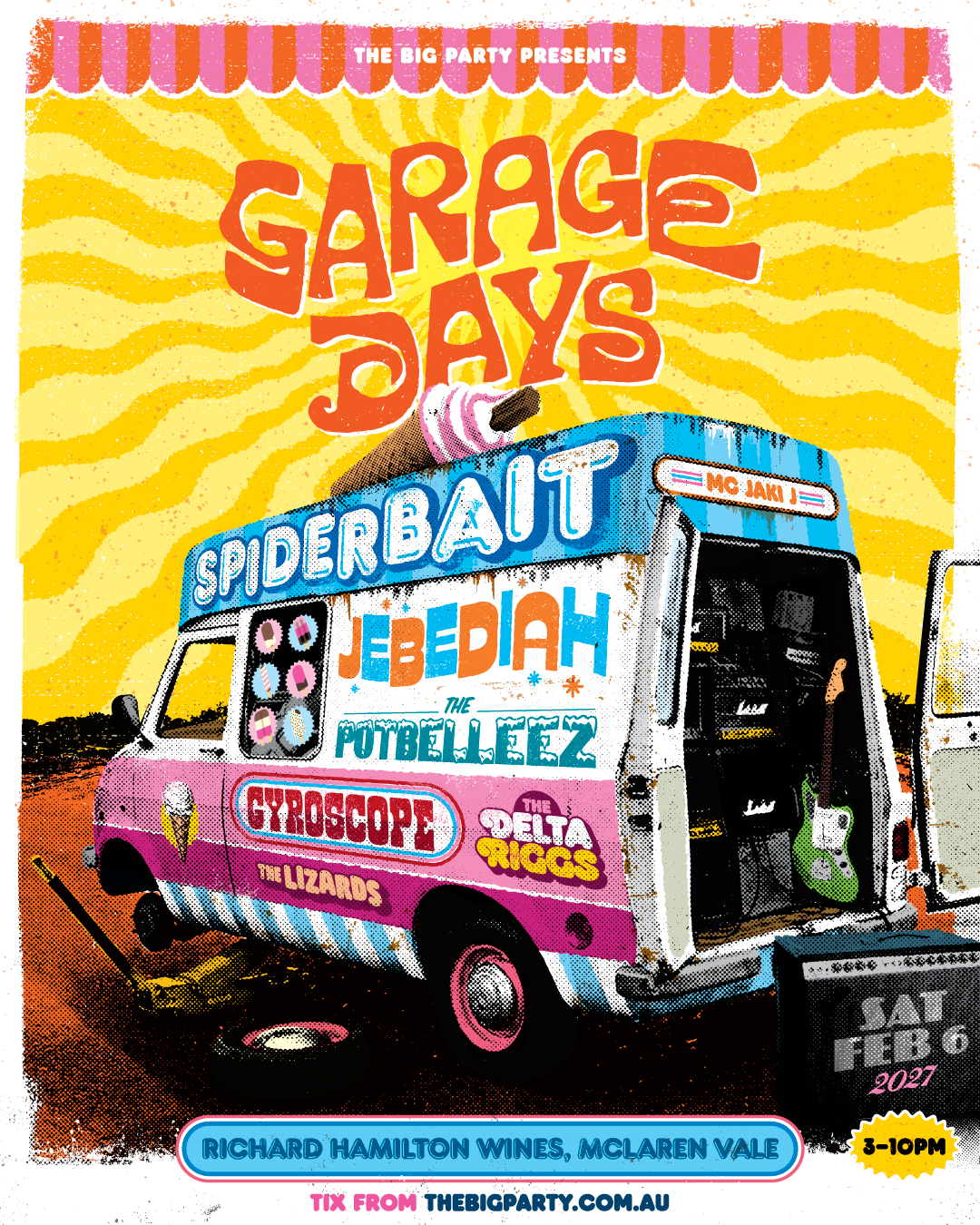 Garage Days 2027 poster featuring an ice cream truck with band lineup Spiderbait, Jebediah, Gyroscope at Richard Hamilton Wines McLaren Vale.